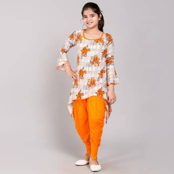 Orange rayon printed girls stitched    Kurta  &    Dhoti 1