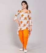 Orange rayon printed girls stitched    Kurta  &    Dhoti