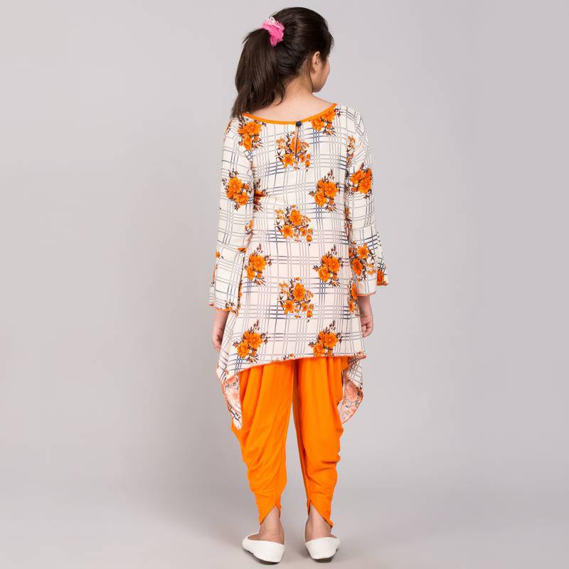 Orange rayon printed girls stitched    Kurta  &    Dhoti