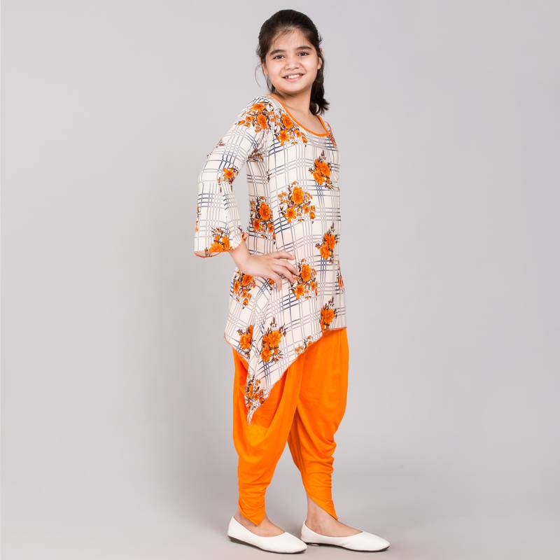 Orange rayon printed girls stitched    Kurta  &    Dhoti