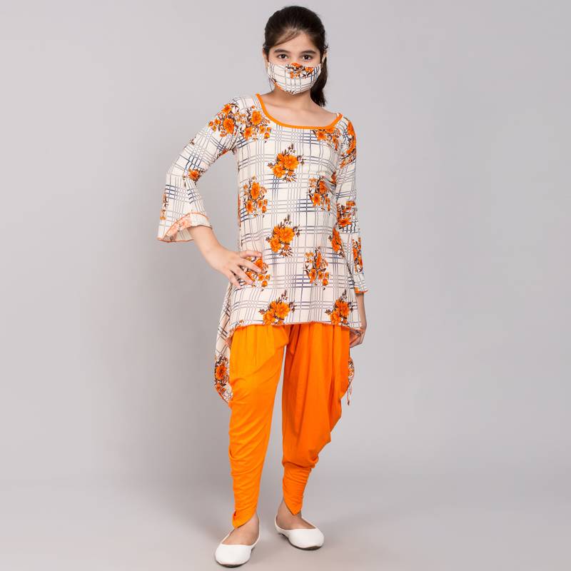 Orange rayon printed girls stitched    Kurta  &    Dhoti