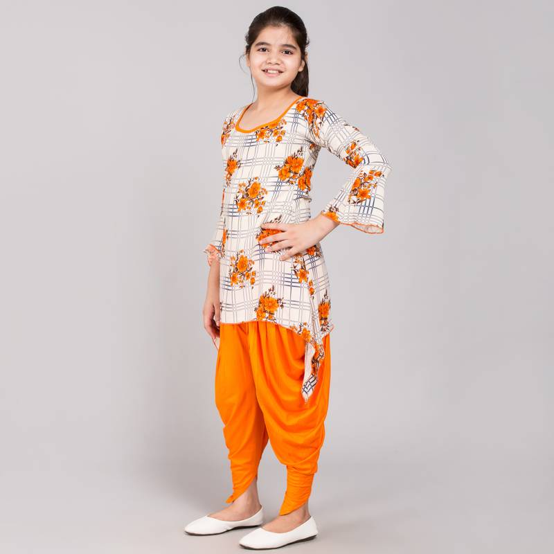 Orange rayon printed girls stitched    Kurta  &    Dhoti