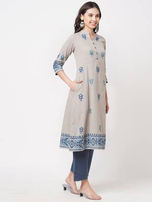 Grey printed cotton ethnic-kurtis 3