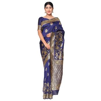 Blue embroidered  art silk saree with blouse 1