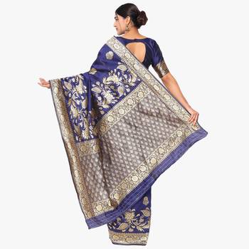 Blue embroidered  art silk saree with blouse 3