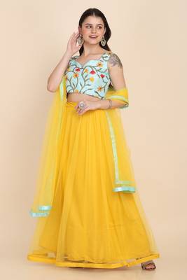 yellow party wear net lehenga choli with duptta 1