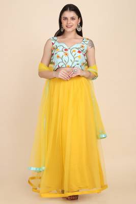 yellow party wear net lehenga choli with duptta 2