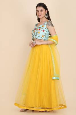 yellow party wear net lehenga choli with duptta 3
