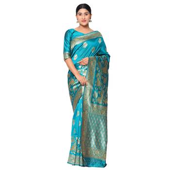 Turquiose embroidered  art silk saree with blouse 1