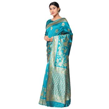 Turquiose embroidered  art silk saree with blouse 2