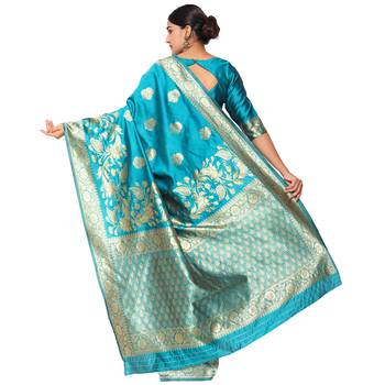 Turquiose embroidered  art silk saree with blouse 3