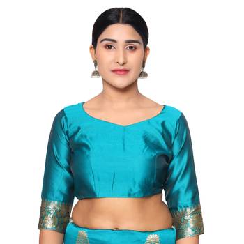 Turquiose embroidered  art silk saree with blouse 4