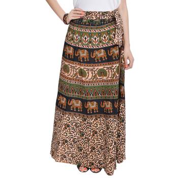 Beige Bagru Printed Cotton Wrap Around Long Skirt 1