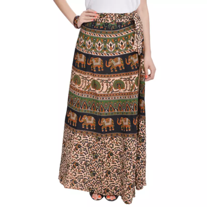 Beige Bagru Printed Cotton Wrap Around Long Skirt