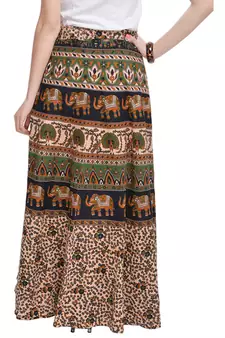 Beige Bagru Printed Cotton Wrap Around Long Skirt