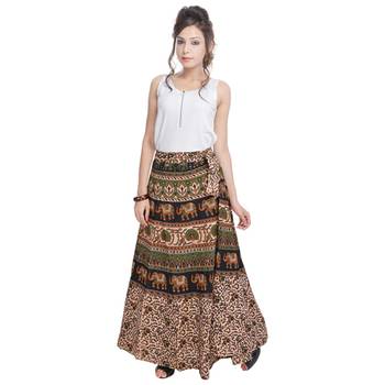 Beige Bagru Printed Cotton Wrap Around Long Skirt 3