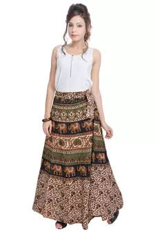 Beige Bagru Printed Cotton Wrap Around Long Skirt
