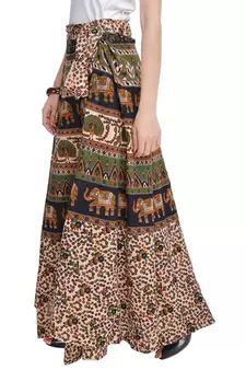 Beige Bagru Printed Cotton Wrap Around Long Skirt