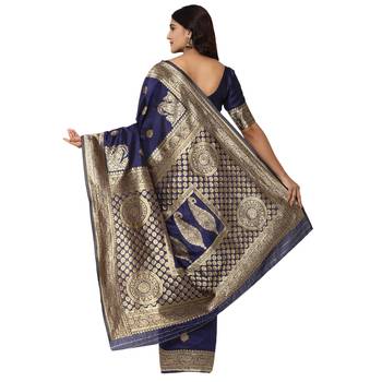 Blue embroidered  art silk saree with blouse 3