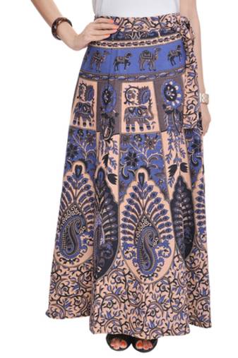 Beige Bagru Printed Cotton Wrap Around Long Skirt