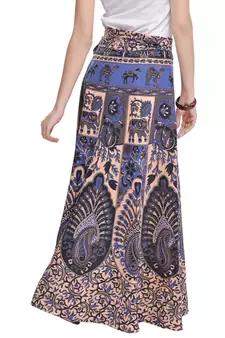 Beige Bagru Printed Cotton Wrap Around Long Skirt
