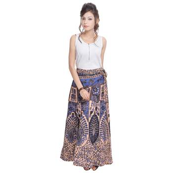 Beige Bagru Printed Cotton Wrap Around Long Skirt 3