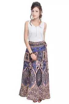 Beige Bagru Printed Cotton Wrap Around Long Skirt