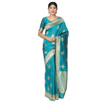 Turquiose embroidered  art silk saree with blouse 1