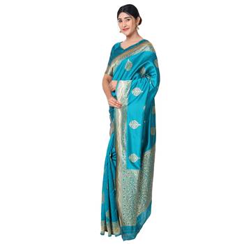 Turquiose embroidered  art silk saree with blouse 2