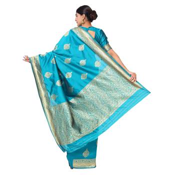Turquiose embroidered  art silk saree with blouse 3