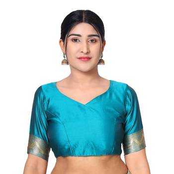 Turquiose embroidered  art silk saree with blouse 4