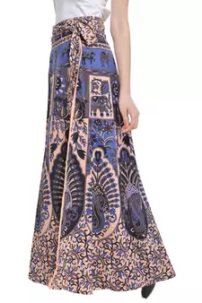 Beige Bagru Printed Cotton Wrap Around Long Skirt