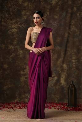Purple plain satin saree with blouse 1