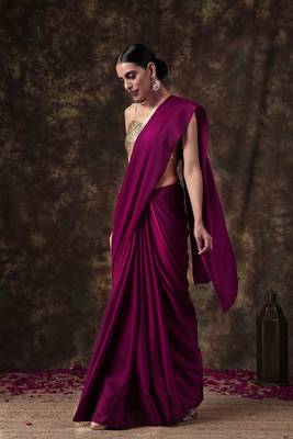Purple plain satin saree with blouse 2
