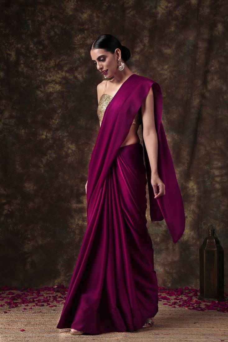 Purple plain satin saree with blouse