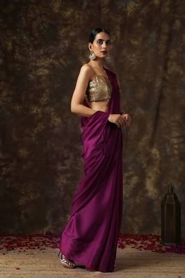 Purple plain satin saree with blouse 3