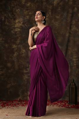 Purple plain satin saree with blouse 4