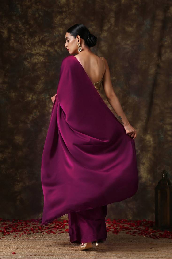 Purple plain satin saree with blouse