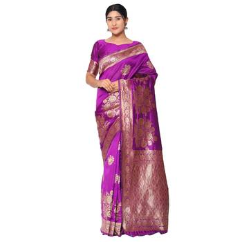 Purple embroidered  art silk saree with blouse 1