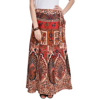 Beige Bagru Printed Cotton Wrap Around Long Skirt 1