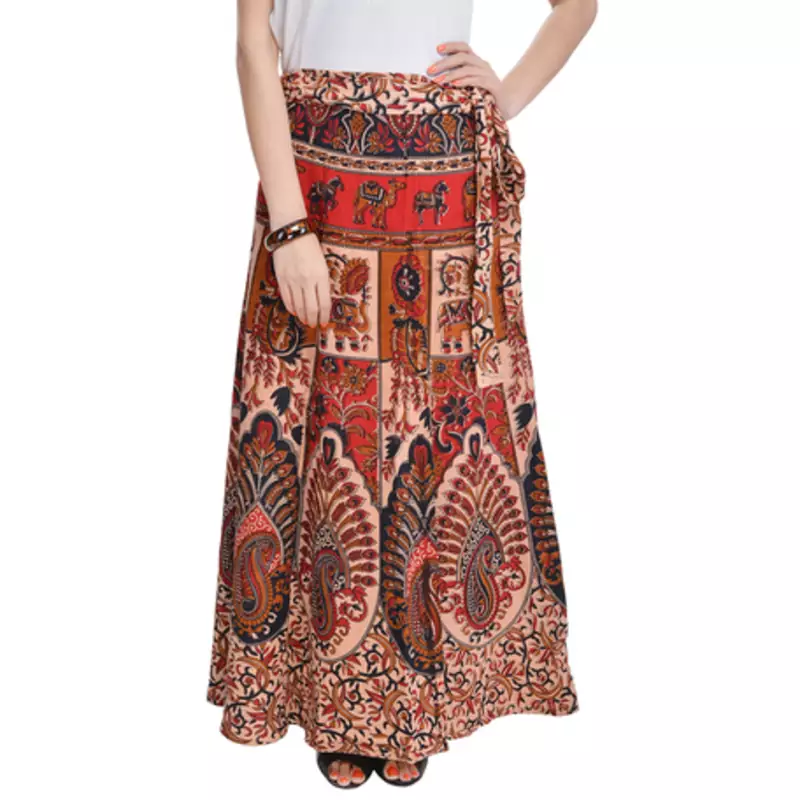 Beige Bagru Printed Cotton Wrap Around Long Skirt