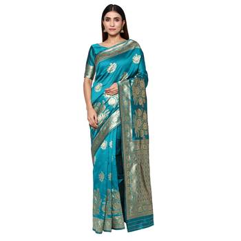 Turquiose embroidered  art silk saree with blouse 1