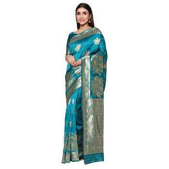 Turquiose embroidered  art silk saree with blouse 2