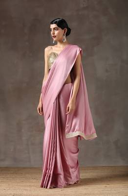   baby pink plain satin saree with blouse 1