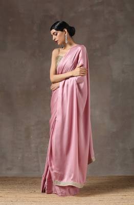  baby pink plain satin saree with blouse 2