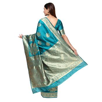 Turquiose embroidered  art silk saree with blouse 3