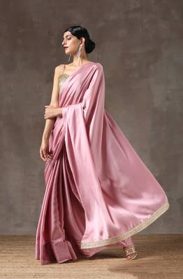   baby pink plain satin saree with blouse 3