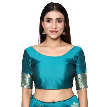 Turquiose embroidered  art silk saree with blouse 4