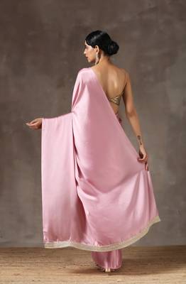   baby pink plain satin saree with blouse 4
