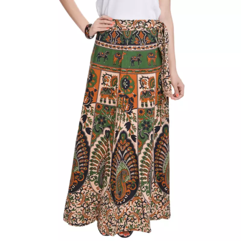 Beige Bagru Printed Cotton Wrap Around Long Skirt